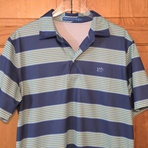 Southern Tide Polo Shirt Mens Medium Green Blue Striped Short Sleeve Beach Golf